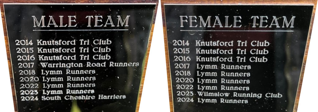 Image of engraving on the High Legh 10K Team Trophy Award winners at 2024
